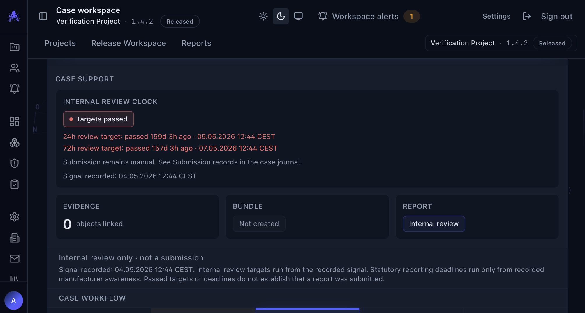 The crAcken case workspace. The Internal review clock card lists the 24h and 72h review targets with their times and the time the signal was recorded, above the evidence, evidence bundle and report draft tiles. A line below reads Internal review only, not a submission.
