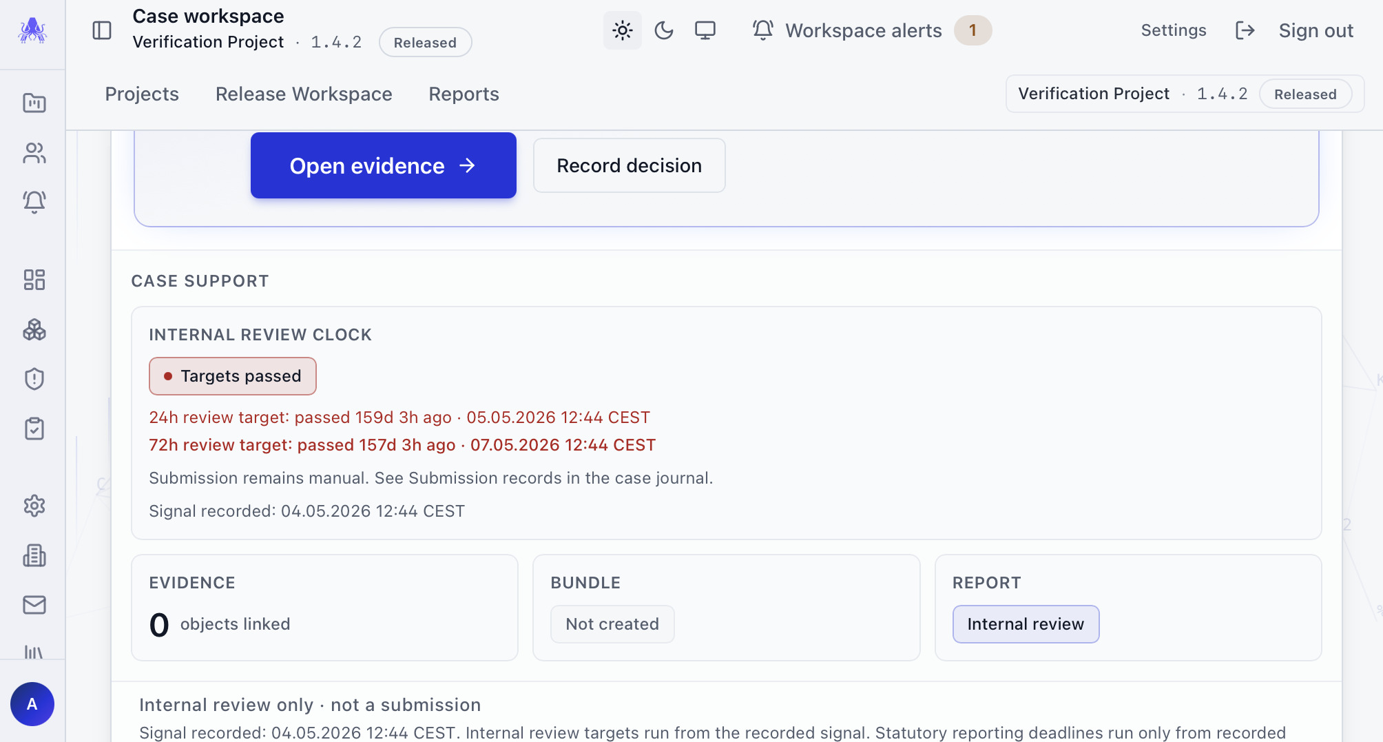 The crAcken case workspace. The Internal review clock card lists the 24h and 72h review targets with their times and the time the signal was recorded, above the evidence, evidence bundle and report draft tiles. A line below reads Internal review only, not a submission.