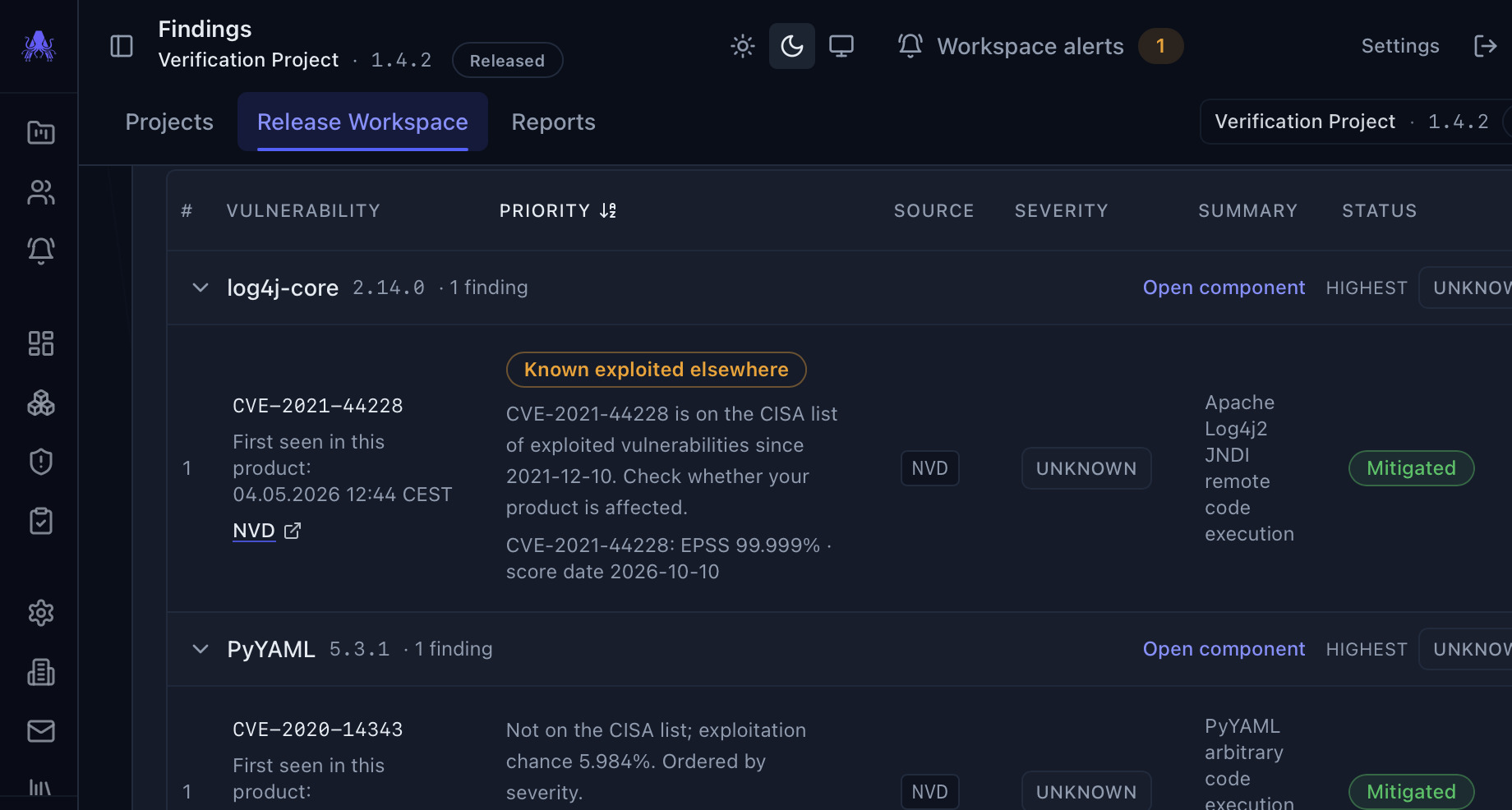 The crAcken findings screen for a release, grouped by component. The log4j-core finding carries the label Known exploited elsewhere and shows the date it was first seen in this product, with its CVE, source, EPSS probability and status.