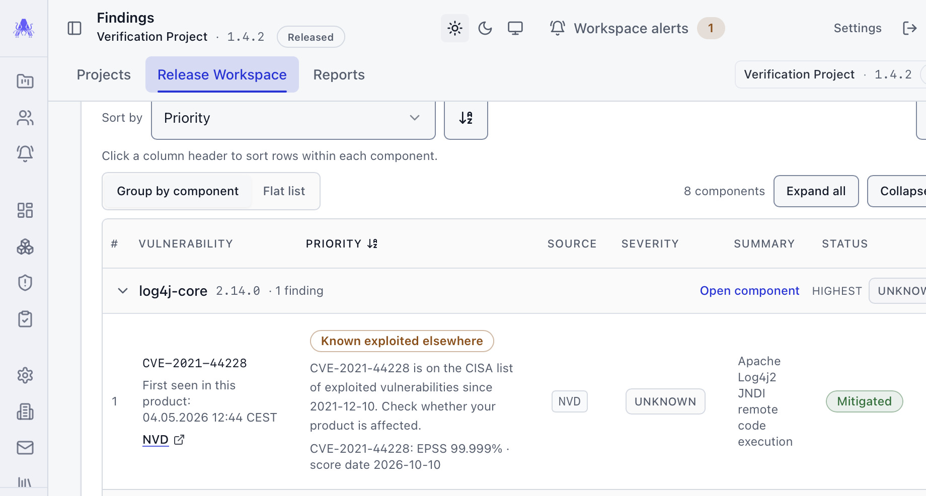 The crAcken findings screen for a release, grouped by component. The log4j-core finding carries the label Known exploited elsewhere and shows the date it was first seen in this product, with its CVE, source, EPSS probability and status.